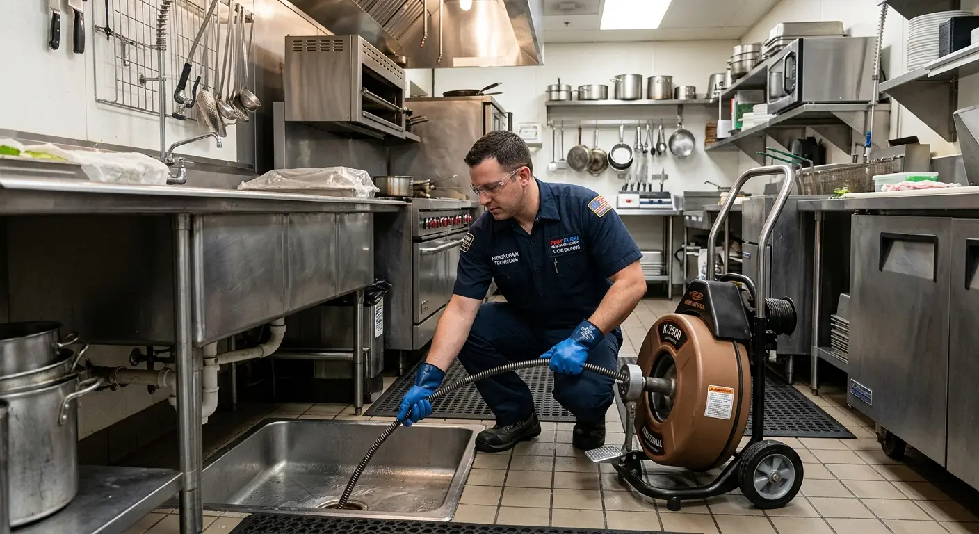 Commercial drain cleaning service in a restaurant kitchen in Houma