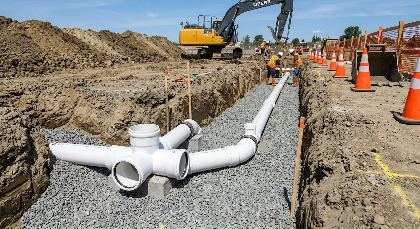 New PVC sewer pipe installation in open trench for Sewer Backup in Houma