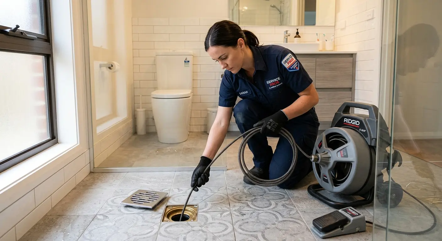 Technician clearing a bathroom floor drain for Drain Cleaning in Houma